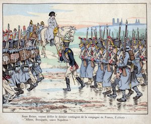 Napoleon betrachtet das letzte Kontingent der Armee auf dem französischen Land nahe Reims, 16. März von pseudonym for Onfray de Breville Jacques Job