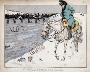 Napoleon beobachtet die Überreste seiner Großen Armee, die den Fluss Beresina auf dem Rückzug aus Moskau überqueren. von pseudonym for Onfray de Breville Jacques Job