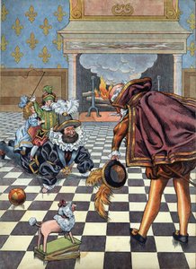Szene aus der Geschichte Frankreichs mit Spielzeug: König von Frankreich Heinrich IV. (1553-1610) spielt mit seinen Kindern vor dem spanischen Botschafter. In „Joujoux à l