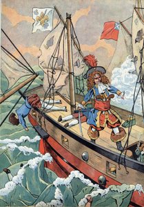 Szene aus der Geschichte Frankreichs in Spielzeugen: Der französische Seemann, Freibeuterkapitän Jean Bart (1650-1702) mit seinem Sohn, bereit, das Pulver im Falle einer Kollision zu entzünden. In „Joujoux à l