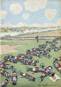 Szene der Geschichte Frankreichs mit Spielzeug: Krieg um die österreichische Erbfolge (1740-1748). Truppe von Infanteristen der französischen Armee, die von den Engländern in der Schlacht von Fontenoy am 11. Mai 1745 getötet wurden. In 