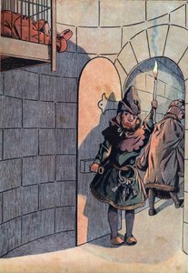 Szene aus der Geschichte Frankreichs mit Spielzeug: Verschwörung gegen König Ludwig XI. (1423-1483) mit Charles dem Kühnen, Jean Balue (1421-1491) wurde 11 Jahre lang in einer der Eisernen Käfige von König Ludwig XI. eingesperrt am 23. April 1469. In „Jouj