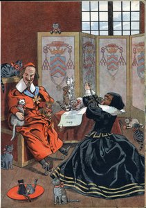 Szene aus der Geschichte Frankreichs in Spielzeug: Frau bittet um Vergebung von Kardinal Richelieu (1585-1642), umgeben von Katzen. In „Joujoux à l