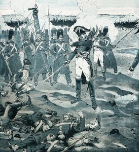 Die Garde starb, aber antwortete nicht auf General Cambronne (1770-1842), der das letzte Quadrat der Garde befehligte, während der Feind die französische Armee aufforderte, sich in der Schlacht von Waterloo am 18. Juni 1815 zu ergeben. Illustration von Job