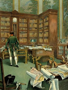 Arbeitszimmer von Napoleon I. Bonaparte im ersten Stock des Palais des Tuilerien, während er Erster Konsul war. Schreibtisch mit Bibliothek und Uhr aus Holz. Illustration von Jacques Marie Gaston Onfray de Breville, genannt JOB