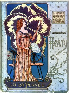 Jugendstil: Werbeplakat für das Kosmetikgeschäft „Henry à la Pensée“ in Paris. Eine junge Frau bewundert sich in einem Spiegel, hinter ihr eine Gedankenblume. Illustration von L. Trianon von pseudonym of Trinquier Louis Trinquier Trianon