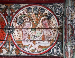 Adam und Eva im Garten Eden, Dekoration aus Al Stavkirke, Norwegen (Fresko) von school Scandinavian