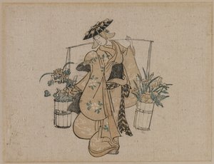 Eine Schönheit, die zwei Eimer Blumen trägt von style of Torii Kiyomasu