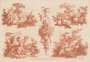 Zwei pastorale Vignetten, zwei Jagdvignetten und eine Trophäe von the Elder and Jean Baptiste Hüet Gilles Demarteau