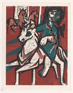 Frau zu Pferd vor zwei anderen Pferden von unknown (signed by artist)