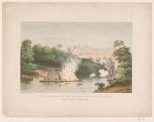 S.M. Dampfschiff Celebes im Kampf mit einer Kotta-Mara. Poeloe Kanamit, 6. August 1859 von weduwe Elias Spanier and Zn