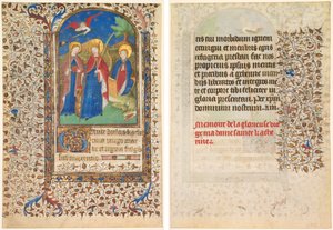 Blatt aus einem Stundenbuch: Heilige Geneviève, Katharina von Alexandria und Margareta (recto) und Text (verso)
