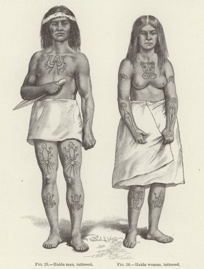 Tätowierte Haida-Frau und -Mann (Gravur) von (after) American School
