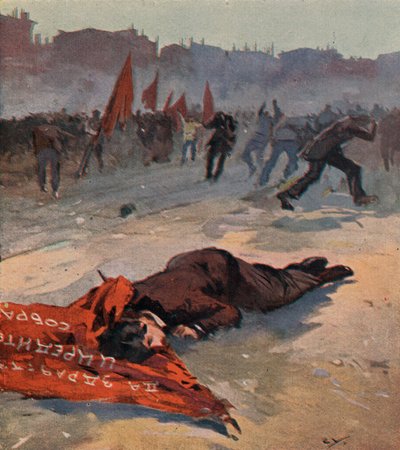 Tötung eines Aktivisten der Sozialrevolutionären Partei namens Gorbachevskaya durch bolschewistische Rote Garden während einer Demonstration, Petrograd, Russland von (after) Carrey
