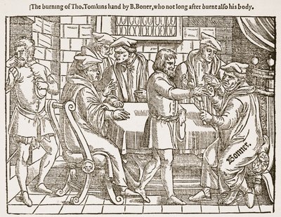 Das Verbrennen der Hand von Tho. Tomkins durch B. Boner, der nicht lange danach auch seinen Körper verbrannte, Illustration aus 