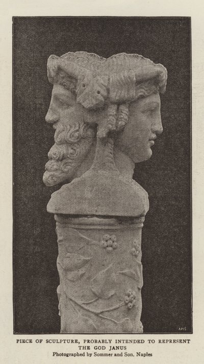 Skulpturstück, wahrscheinlich zur Darstellung des Gottes Janus (s/w Foto) von (after) English photographer