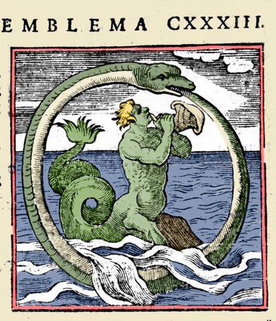 Ein Triton und ein Ouroboros, Illustration aus "Emblemata" von Andrea Alciati von (after) Italian School