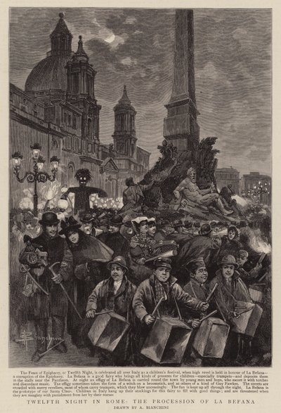 Zwölfte Nacht in Rom, die Prozession von La Befana (Gravur) von (after) Italian School