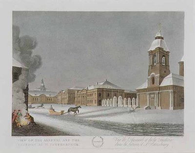 Ansicht des Arsenals und der Gießerei in St. Petersburg, Illustration für Dezember aus 