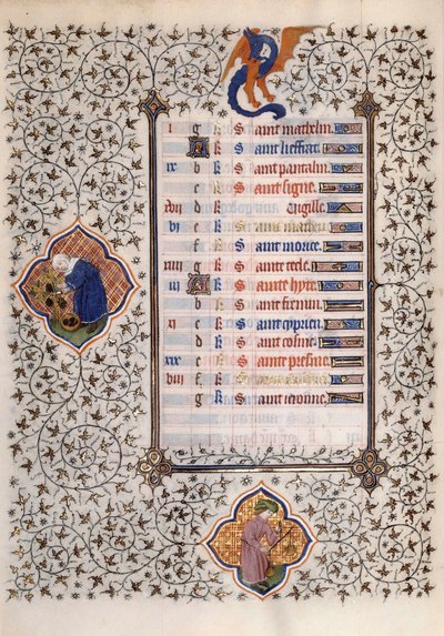 Seite des Manuskripts „Les Très Riches Heures du Duc François de Guise“ illuminiert vom Meister von Boucicaut: Darstellung der Tierkreiszeichen und der landwirtschaftlichen Arbeit: Waage und Ernte. 15. Jahrhundert. Musée Condé, Chantilly von (and workshop) Boucicaut Master