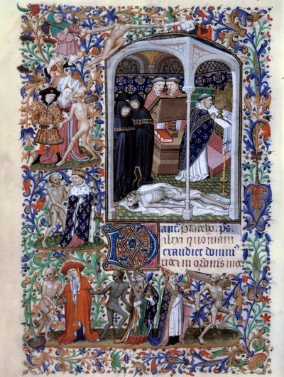 Szene einer Trauerzeremonie und makabren Tanzes. Miniatur aus dem Stundenbuch für den Gebrauch in Paris, illuminiert vom Atelier des Meisters von Boucicaut, ca. 1415. Paris, B.N. von (and workshop) Boucicaut Master