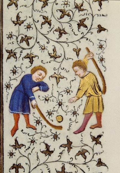 Das Einseiten-Puckspiel. Detail aus dem Manuskript „Les Tres Riches Heures des Herzogs von Guise“ illuminiert vom Meister von Boucicaut. 15. Jahrhundert. Musée Condé, Chantilly von (and workshop) Boucicaut Master