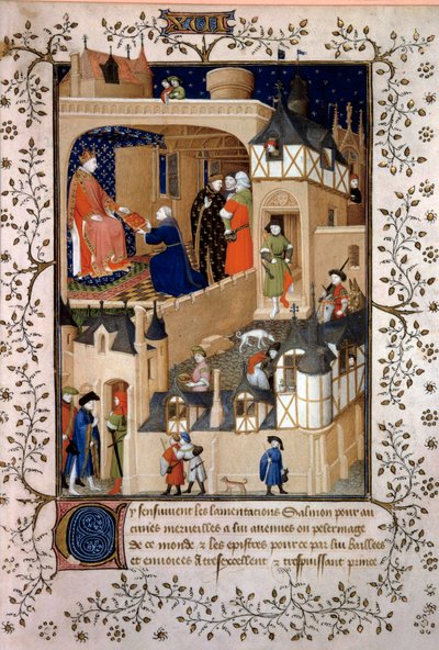 Der politische Abenteurer Peter der Fruchtier genannt Salmon bietet sein Manuskript König Karl VI. (1368-1422) an. Miniatur aus „Antworten an Karl VI. und Klagen“ von Pierre Salmon, illuminiert von der Werkstatt des Meisters von Boucicaut (15. Jahrhundert) von (and workshop) Boucicaut Master