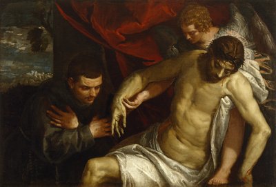 Der tote Christus, unterstützt von einem Engel und angebetet von einem Franziskaner von Paolo Veronese