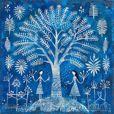 Gemälde mit naivem Muster: Frauen unter einem Baum in Blau von F. Abderrahim