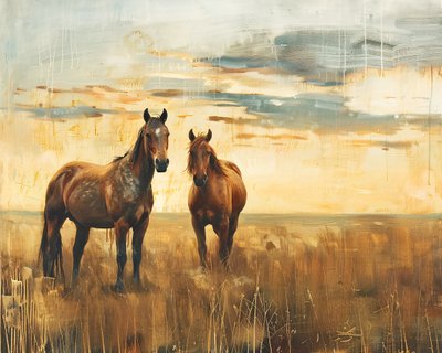 Ölgemälde Majestätische Pferde in einem Feld bei Sonnenuntergang, Leinwand  Wanddekoration von F. Abderrahim