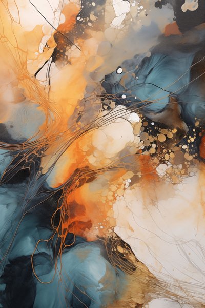 Abstraktes Gemälde, Blau & Orange Welle, Weißer Hintergrund von F. Abderrahim