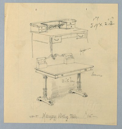 Entwurf und Skizze für "Mahagoni-Schreibtisch" von A.N. Davenport Co.