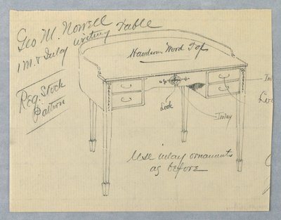 Entwurf für Mahagoni-Einlage-Schreibtisch für George M. Nowell von A.N. Davenport Co.