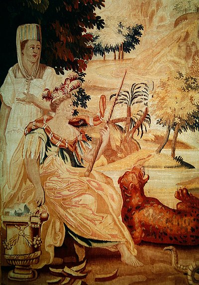 Afrika, aus einem Wandteppich der vier Ecken der Welt, Detail der Figuren links von A. Baertams