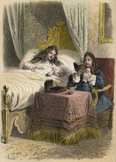 Ludwig XIV., König von Frankreich, hörte gerne Jean Racine vorlesen und ließ ihn kommen, als er krank war. Gravur von A. Duruy in 