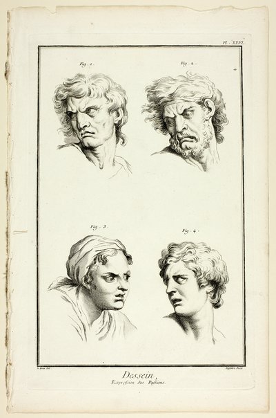 Zeichnung: Ausdruck von Emotionen (Hass oder Eifersucht, Wut, Verlangen, körperlicher Schmerz), aus Encyclopédie von A. J. Defehrt