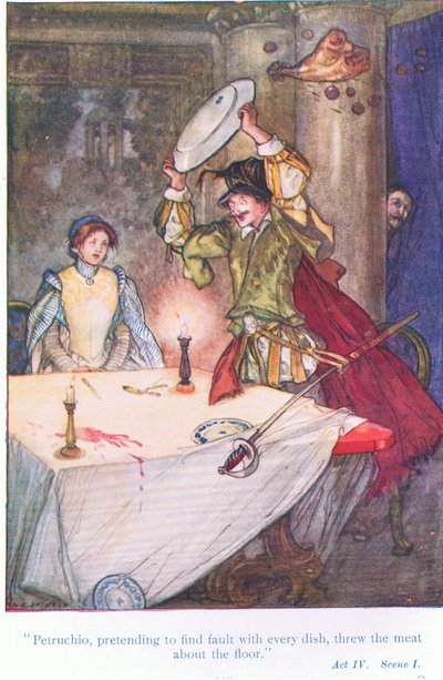 Pettruchio, der vorgab, an jedem Gericht etwas auszusetzen zu haben, warf das Fleisch auf den Boden (Der Widerspenstigen Zähmung), aus Geschichten von Shakespeare, veröffentlicht von Ward Lock & Co Ltd von A. Jackson