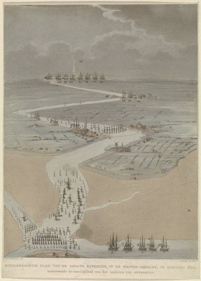 Vogelperspektive auf die Westerschelde mit englischen, holländischen und französischen Flotten, 1809 von A. Lutz