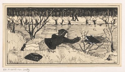 Mädchen versucht Hund aus dem Eisloch zu retten von A. Tinbergen (signed by artist)