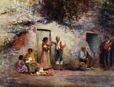 Granada, Zigeuner an den Türen ihrer Höhlen (Farblithografie) von A. Trevor Haddon