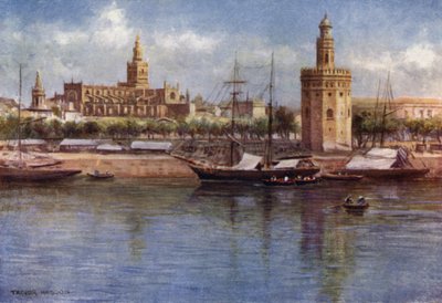 Sevilla, Der Torre del Oro und die Kathedrale (Farblithografie) von A. Trevor Haddon