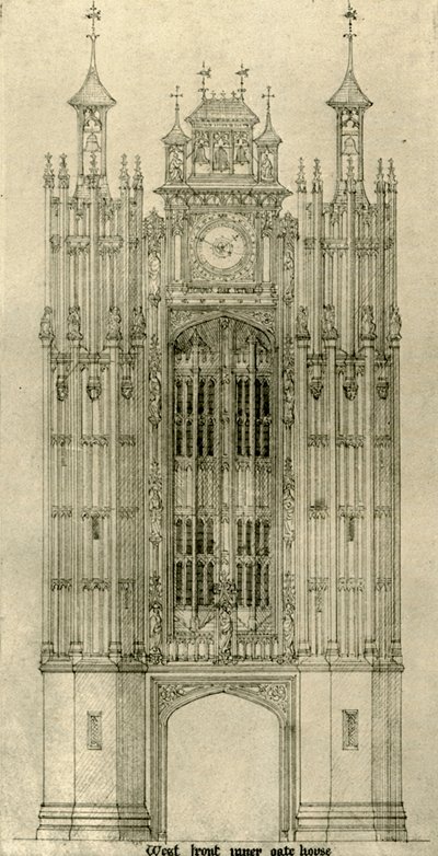 Architektonische Zeichnung: Westfront des inneren Torhauses, 1833-1834 von A. W. N. Pugin