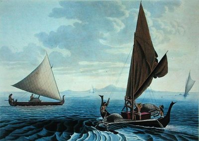 Ansicht der Insel Tinian: Einbaumkanus von den Karolineninseln, aus 