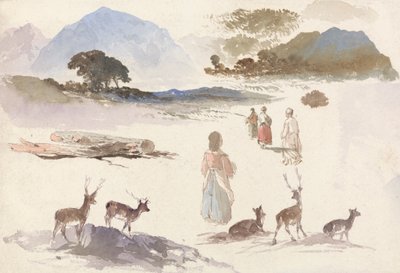 Blatt mit Studien von Hirschen, Figuren und Landschaft von Aaron Edwin Penley