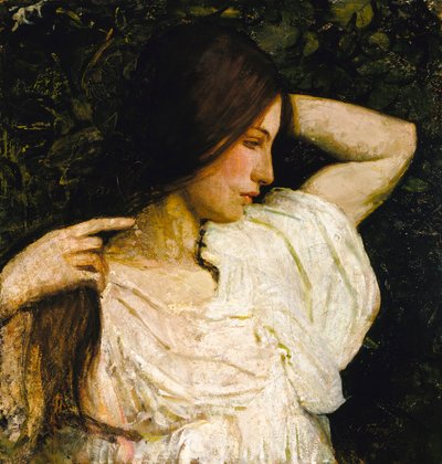 Mädchen, das ihr Haar richtet von Abbott Handerson Thayer