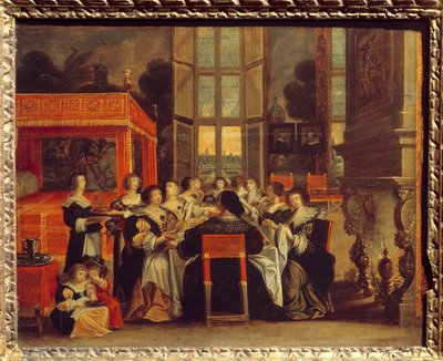 Gespräch der Damen in Abwesenheit ihrer Ehemänner: Abendessen. Gemälde von Abraham Bosse (1602-1676) 17. Jahrhundert von Abraham (after) Bosse