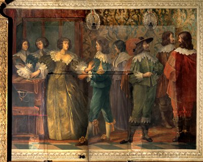 Szene aus dem Leben von Charles de Valois (1573-1650), Herzog von Angouleme - Party-Szene anlässlich der Hochzeit von Charles de Valois mit seiner zweiten Frau im Jahr 1644 - Eine Frau, von einem Höfling angesprochen, zögert, ihr Halsband anzulegen - Fresk von Abraham (after) Bosse