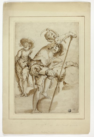 Ein stehender Soldat, eine stehende Frau und ein gebückter Trommler von Abraham Bloemaert
