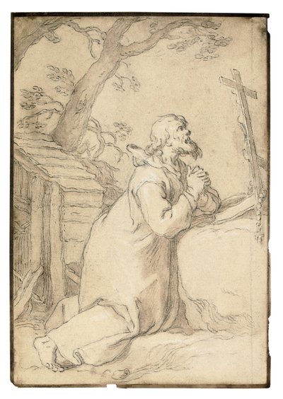Der heilige Paulus von Phermae kniend im Gebet vor einem Kruzifix von Abraham Bloemaert