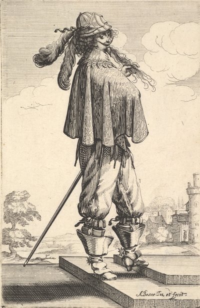 Ein Herr mit kurzem Mantel, Helm und Sporenstiefeln, stehend auf den Stufen und..., 1629 von Abraham Bosse